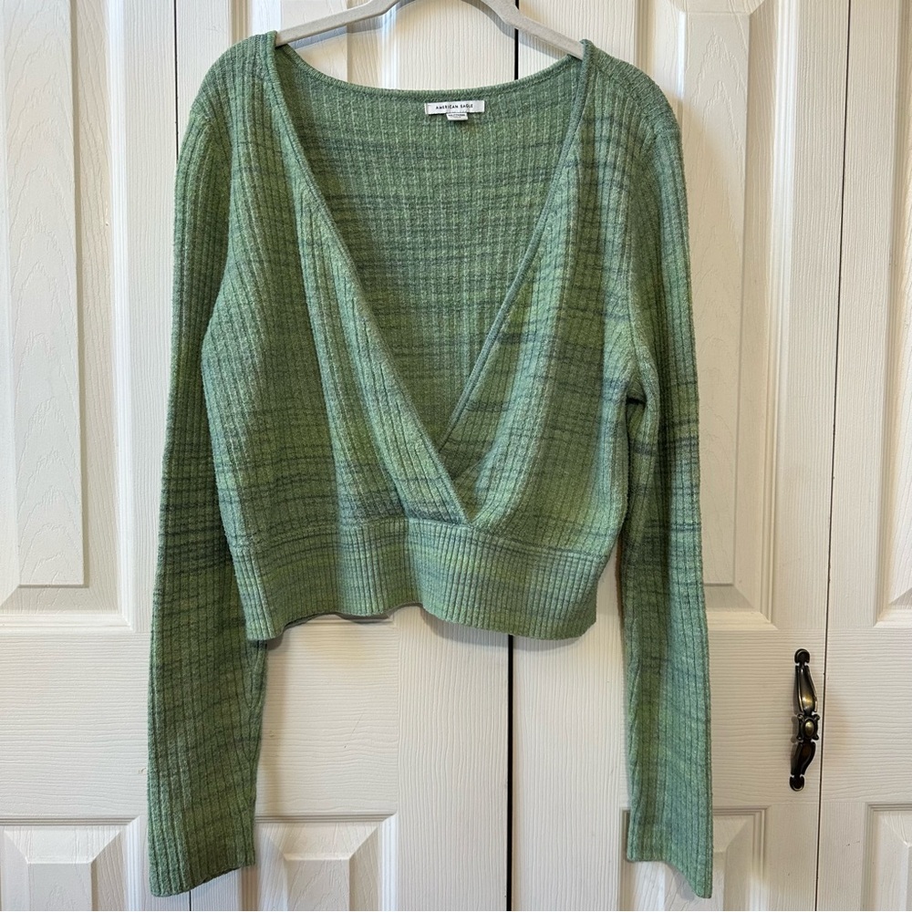 American Eagle Faux Wrap Cropped Ribbed Long Sleeve Sweater Top Womens Size XXL - Picture 11 of 11